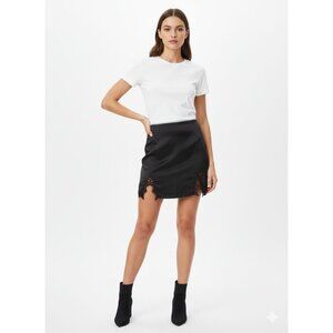 Lyaner Women Size Large Black Lace Trim Satin Mini Skirt Y2K Date Night Romantic